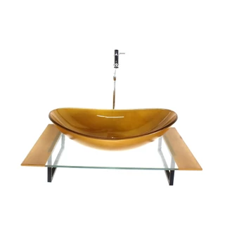 KIT CUBA DE VIDRO OVAL COM TAMPO 60CM DOURADO REAL E SUPORTE TORNEIRA VALVULA