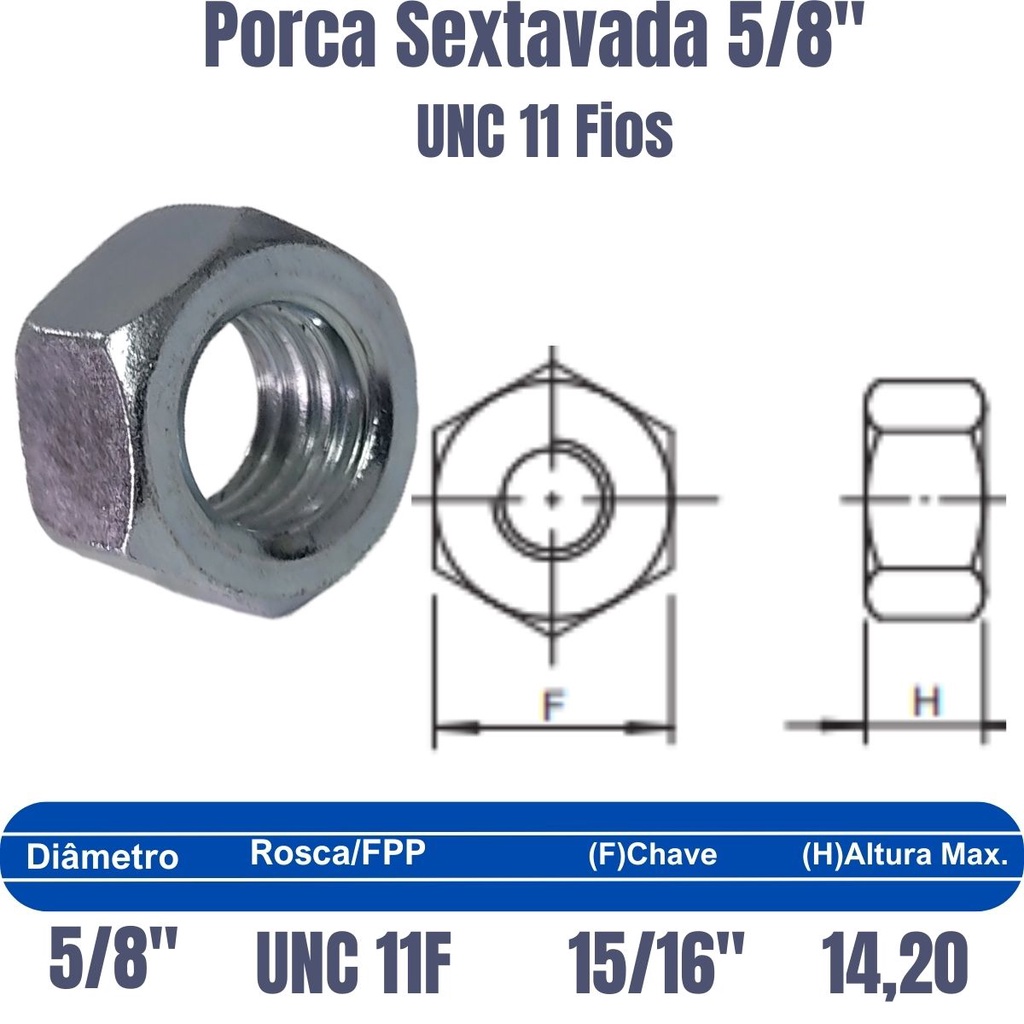10 Porca Sextavada Ferro Zincada 5/8 x 11F Rosca Grossa UNC | Shopee Brasil