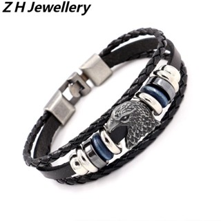 [Z H Jewelry] Vintage Rock Eagle Pulseira De Couro Genuíno Moda Masculina E Feminina Aço Inoxidável Multilayer Beaded PU Punk Party Acessórios