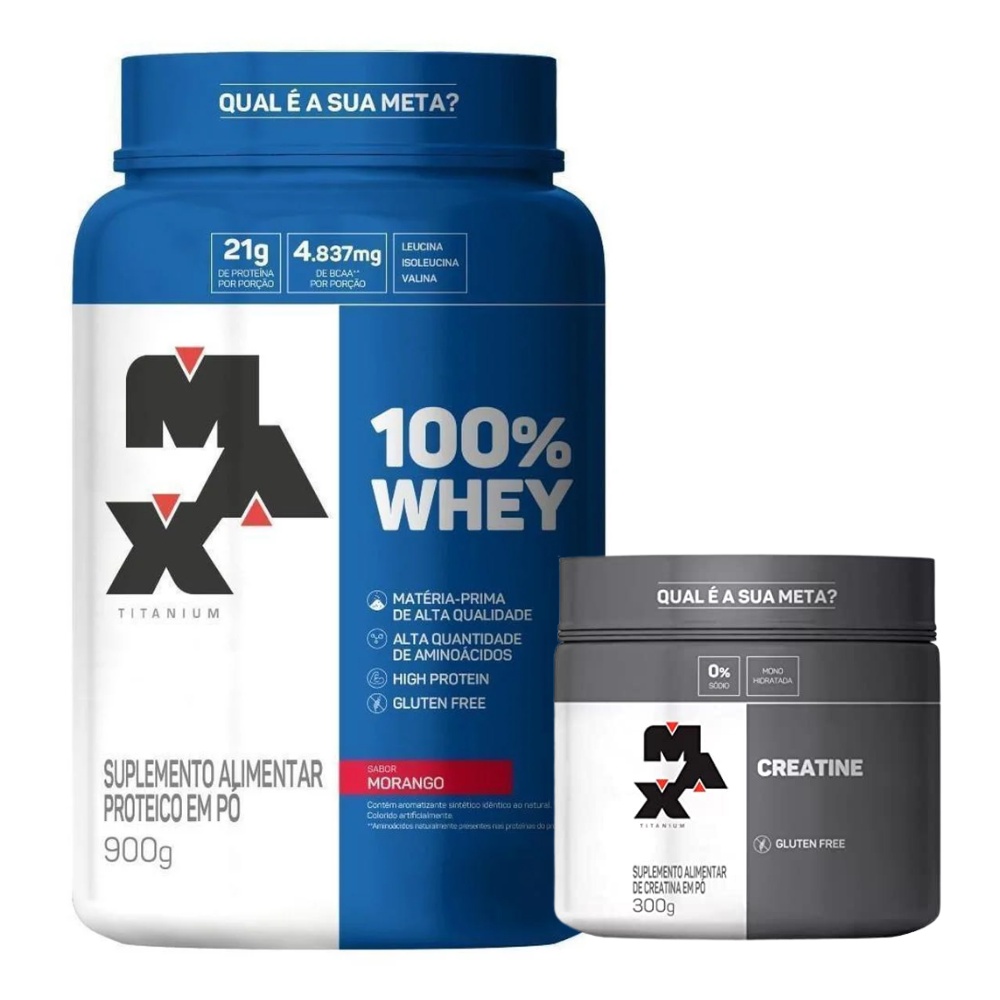 Creatina 300g Max Titanium + Whey Protein 100% Pure 900g Pote Max – Morango
