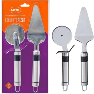 Conjunto Para Pizza 2 Peças Espátula e Cortador Aço Inox 003325 - Mor