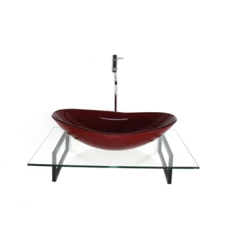 KIT CUBA DE VIDRO OVAL VERMELHO CEREJA COM TAMPO 60CM INCOLOR E SUPORTE PRETO