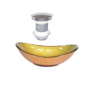 CUBA DE VIDRO OVAL 55CM DOURADO REAL VALVULA CLICK