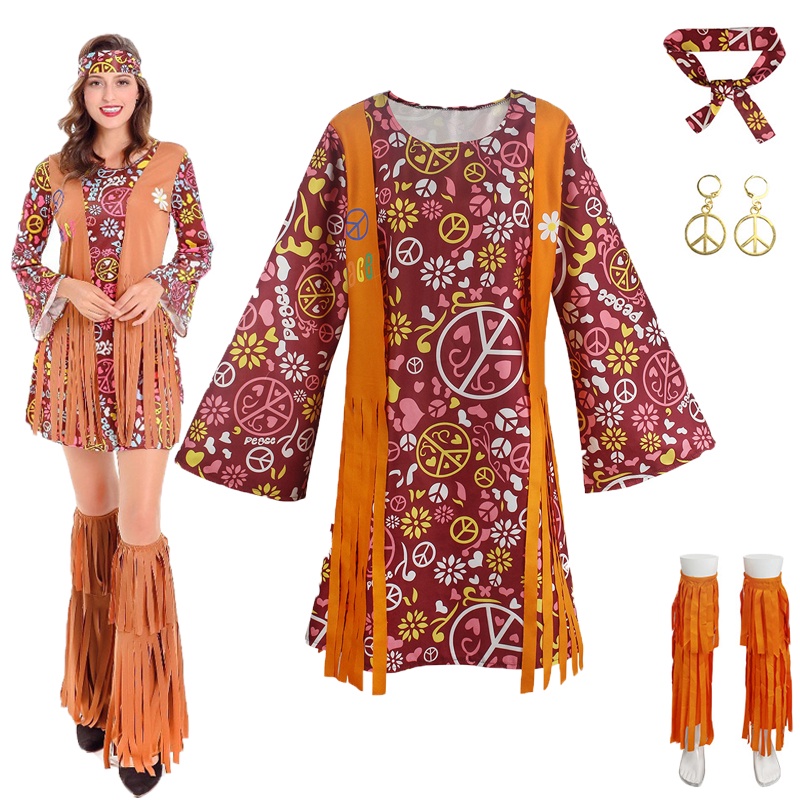 Acessórios De Roupa Hippie 60s 70s Vestido Discoteca Boho Flared Halloween