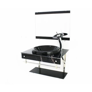 GABINETE DE VIDRO PARA BANHEIRO IQX 60CM INOX COM CUBA CHAPEU MÁRMORE PRETO