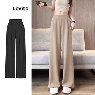 Lovito Calça com Bolsos de Cintura Alta e Estrutura de Linha Casual Simples para Mulheres L56ED073 (Caqui Claro/Preto)