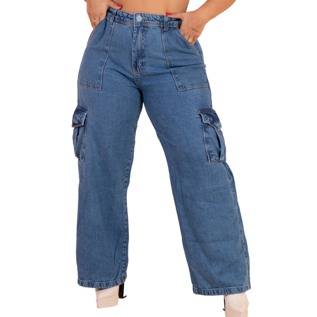 Calça Jeans Cargo Wide Leg Plus Size Bolsos Laterais