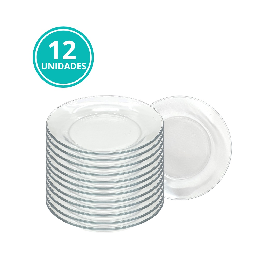 Conjunto de 12 Pratos de Vidro Fundo Liso 22 cm Almoço Jantar Mesa Transparente
