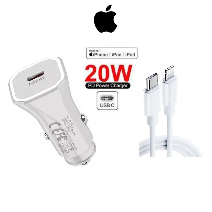 Carregador Veicular de iPhone Turbo 20w Carregador de carro PD Tipo C Turbo X Lightning para iPhones