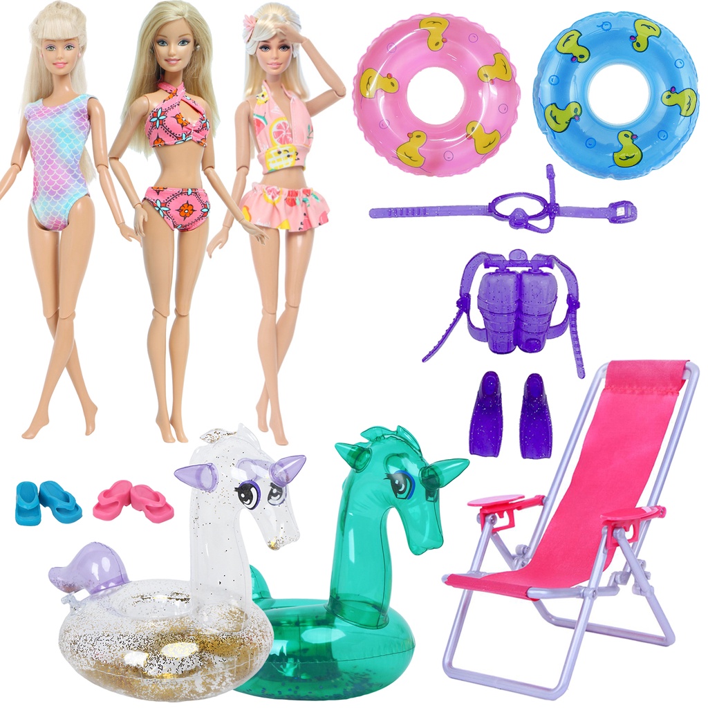 Boneca bonito Swimwear Anéis Natação Lifebuoy Swimsuits Bikini Slipper  Cadeira Praia Roupas de banho para Barbie Doll Acessórios Toy