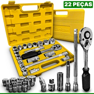 Kit Ferramentas Chave Jogo Soquetes Sextavados 22 Peças Titanium Cromo Vanadium 1/2 Pol 8 A 32mm 22 Pçs Titanium
