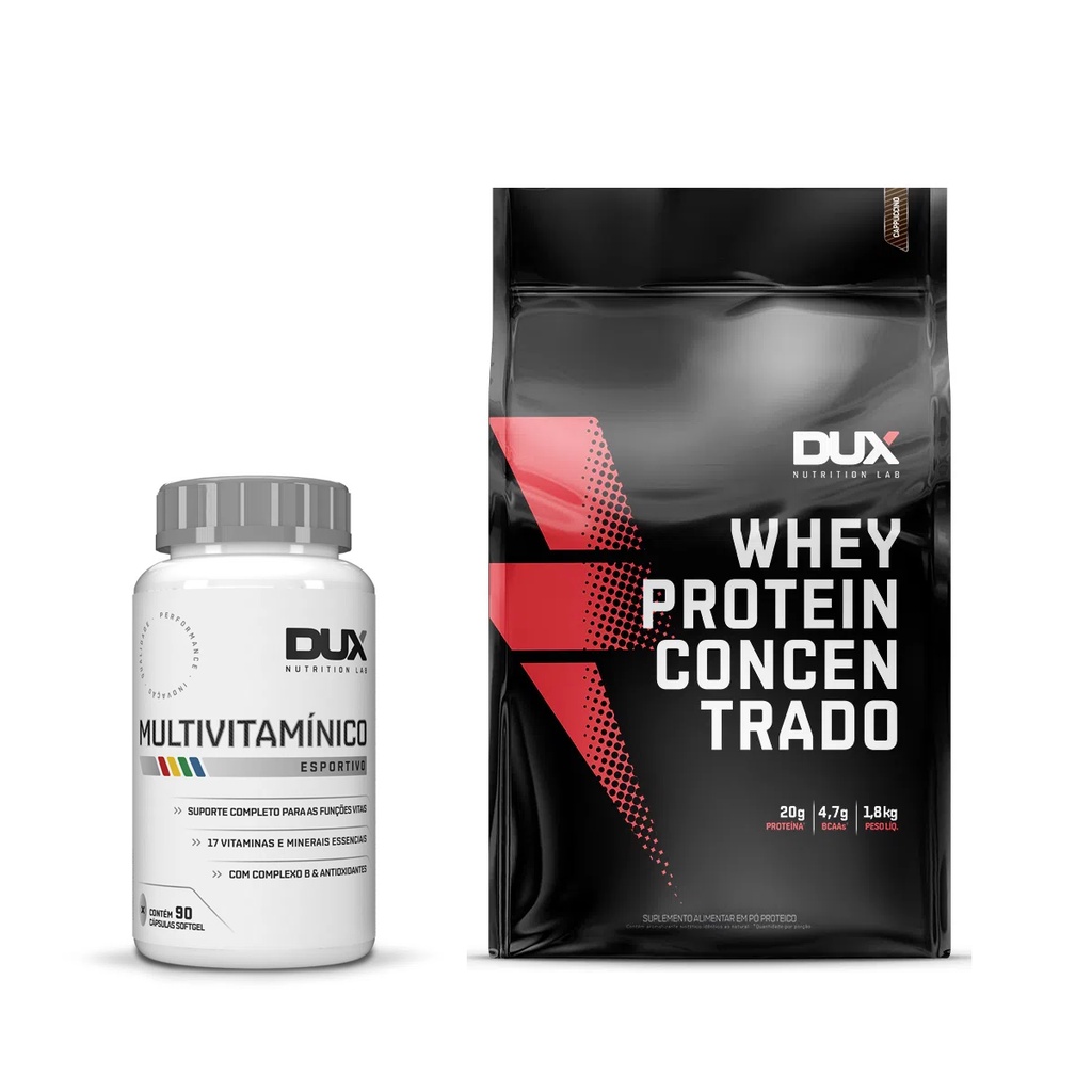 Kit com 1Multivitamínico 90 Cápsulas + 1 Whey Protein Refil em Saco Sabor Cookies 1.8Kg – Dux Nutrition