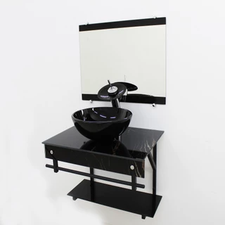 GABINETE DE VIDRO 60CM APX COM CUBA REDONDA MÁRMORE PRETO