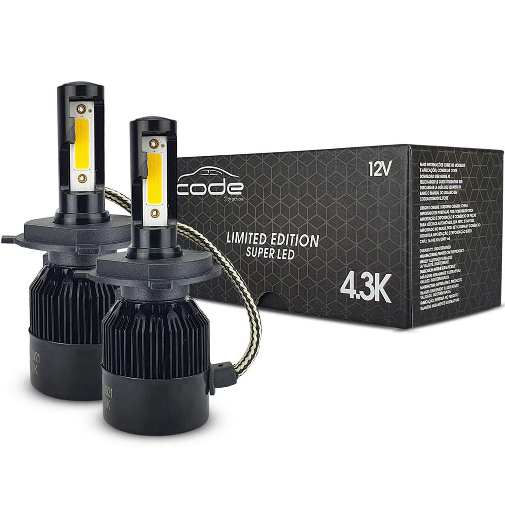 Kit Super Led 4300K TechOne H1 H3 H4 H7 H8 H11 H16 HB3 HB4 Amarela 7600 Lumens o Par Flip Cob IP67 37W