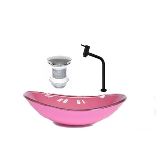 CUBA DE VIDRO OVAL 55CM ROSA VALVULA TORNEIRA PRETA