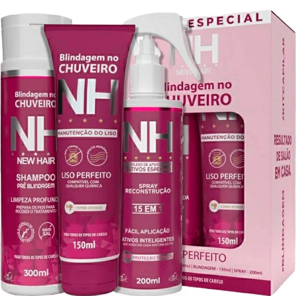 Kit Belkit Blindagem no Chuveiro Shampoo e Splay NH New Hair Combo Especial (3 Produtos)