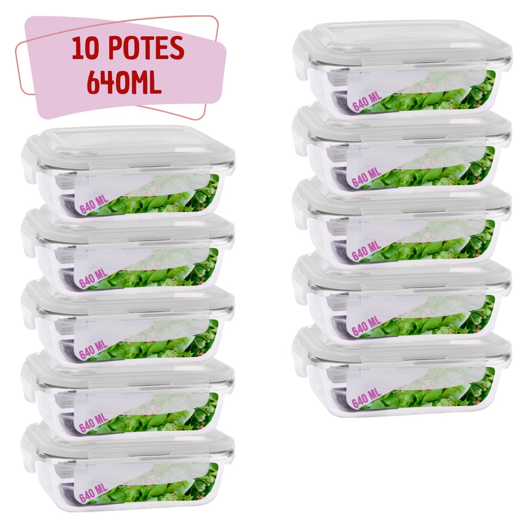 Kit 10 Potes Tampa Hermetica 4 Travas Retangular Vidro 640ml