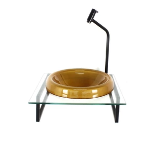GABINETE COM CUBA DE VIDRO CHAPEU 10MM DOURADO REAL COM TAMPO 40CM INCOLOR MAIS TORNEIRA METAL PRETA