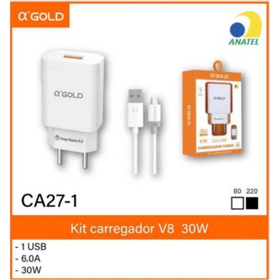 CARREGADOR USB COM CABO v8 A GOLD CA27-1 ( 30w USB) TURBO 6.0 A