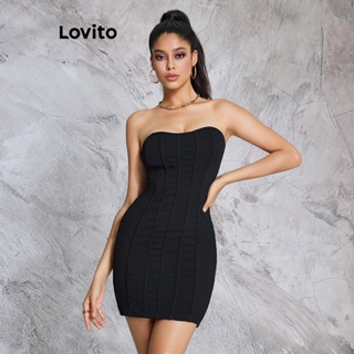 Lovito Vestido de Ombro de Fora com Tecido Liso para Mulheres LBE02007 (Preto)