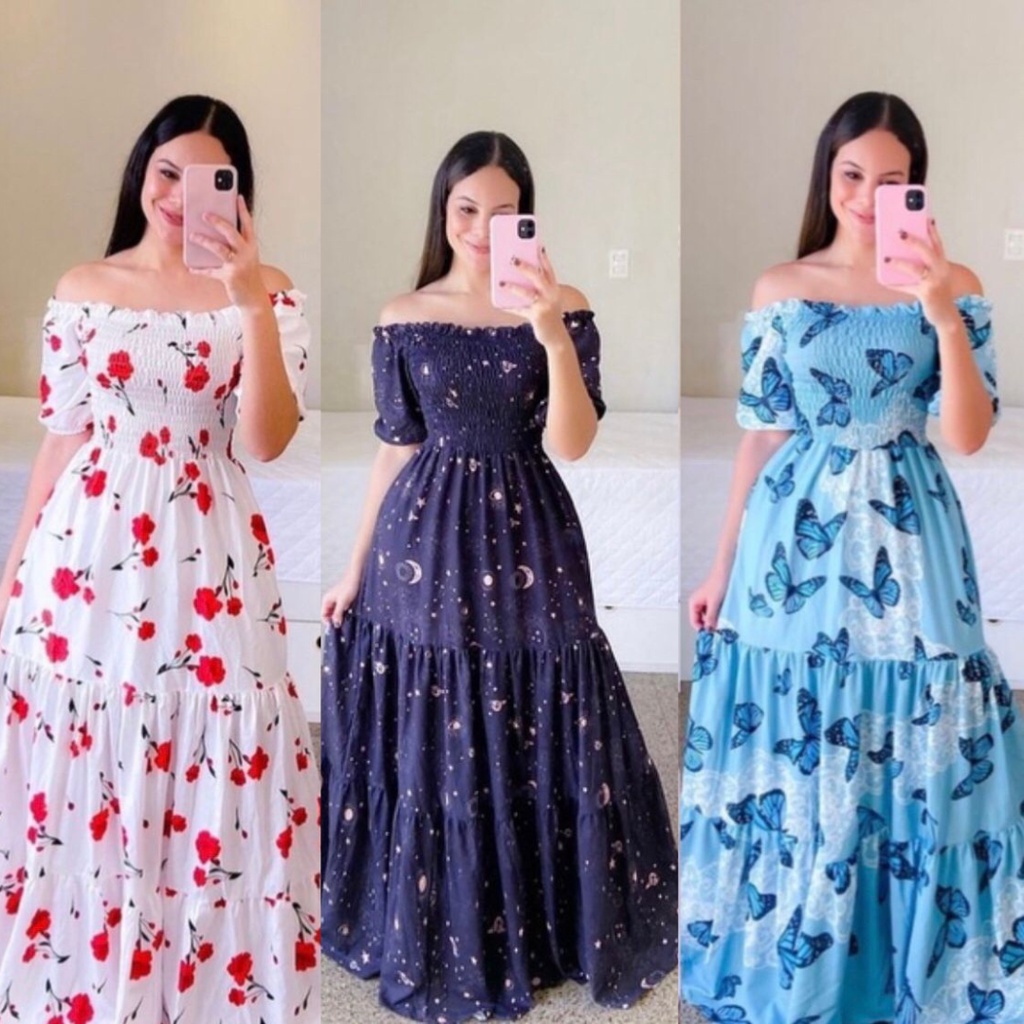 Vestido feminino longo branco forrado lastex moda evangélica manga bufante