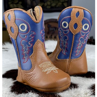 Bota Texana Azul Infantil Caminhos da Roca Original Forração em Tecido Especial Solado de Borracha Antiderrapante Cano Bordado Country