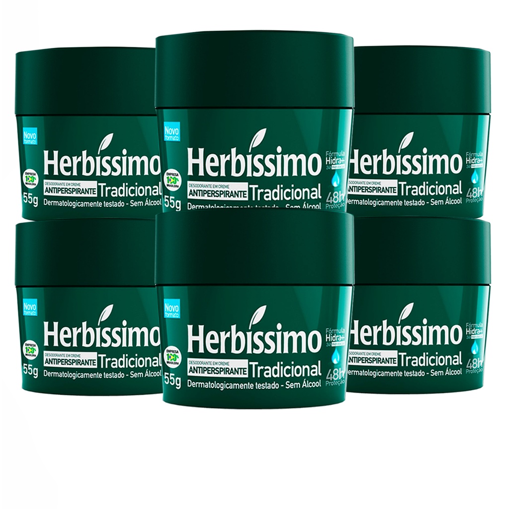 Kit com 6 Herbissimo Desodorante Creme Tradicional 55g | Shopee Brasil