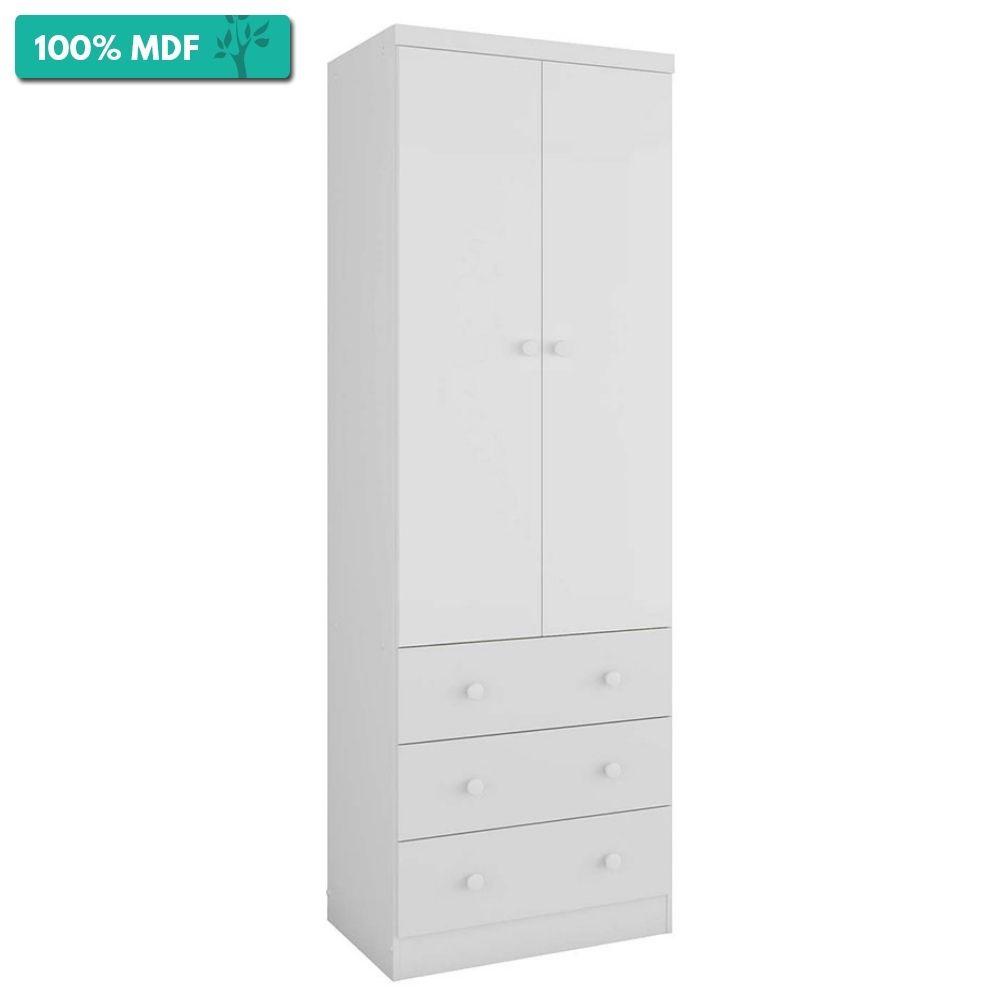 Guarda-Roupa Infantil 2 Portas e 3 Gavetas 100% MDF Smim New Móveis Peroba Branco Brilho