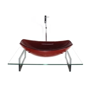 KIT CUBA DE VIDRO OVAL CHANFRADA VERMELHO CEREJA COM TAMPO 60CM INCOLOR E SUPORTE PRETO