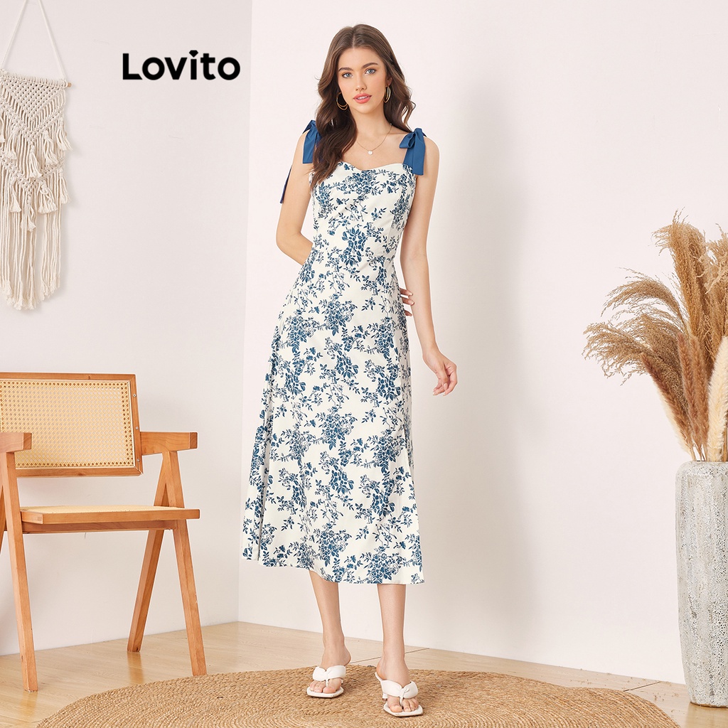 Lovito Vestido com Frente Dividida e Estampa Floral Ditsy com Fita de Contraste para Mulheres L56ED110 (Azul)