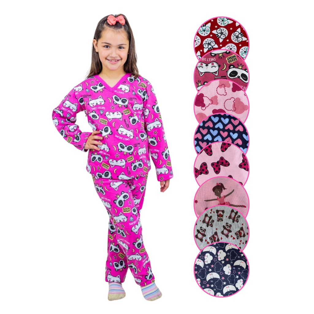 Pijama Infantil Menina Moletinho Flanelado Felpudinho Manga Longa e Calça Estampado Frio Inverno de 1 a 14 anos