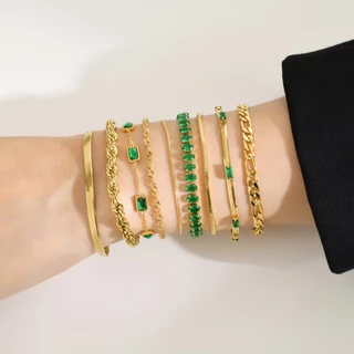 Pulseira de aço inoxidável ouro 18k para mulheres, estilo europeu e americano simples e personalizado com zircão verde