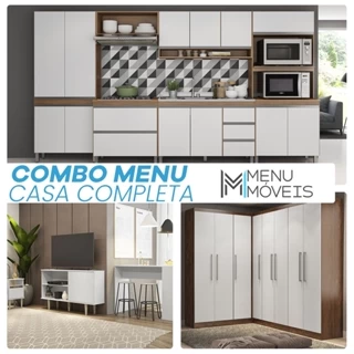 Kit Casa Completa Mobiliada Cozinha 6 Pcs + Guarda Roupa Canto + Rack Tv + Mesinha + Ilha Bancada - Menu