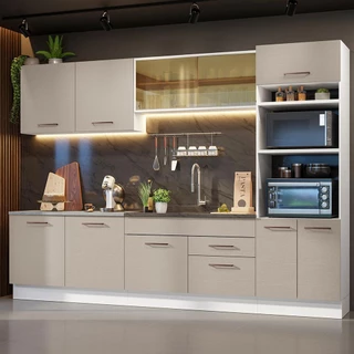 Armário de Cozinha Completa 310 cm Branco/Crema Agata Madesa 01 em Oferta na Shopee