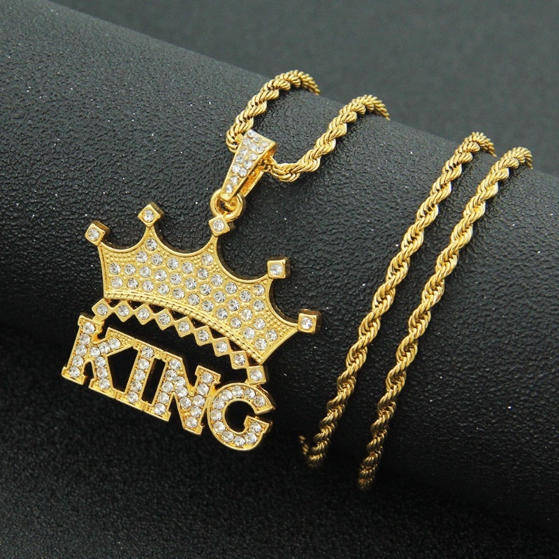 Vintage 18K Gold Diamond King Crown Pendant Moda Masculina Colar