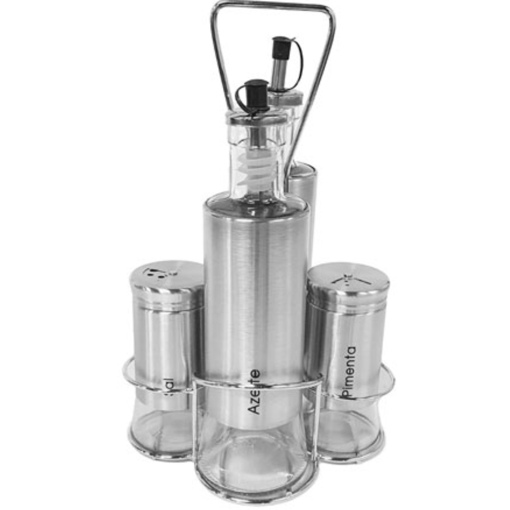 Kit Galheteiros 5 Peças Porta Azeite e Vinagre de Vidro Premium Aço Inox com Dosador
