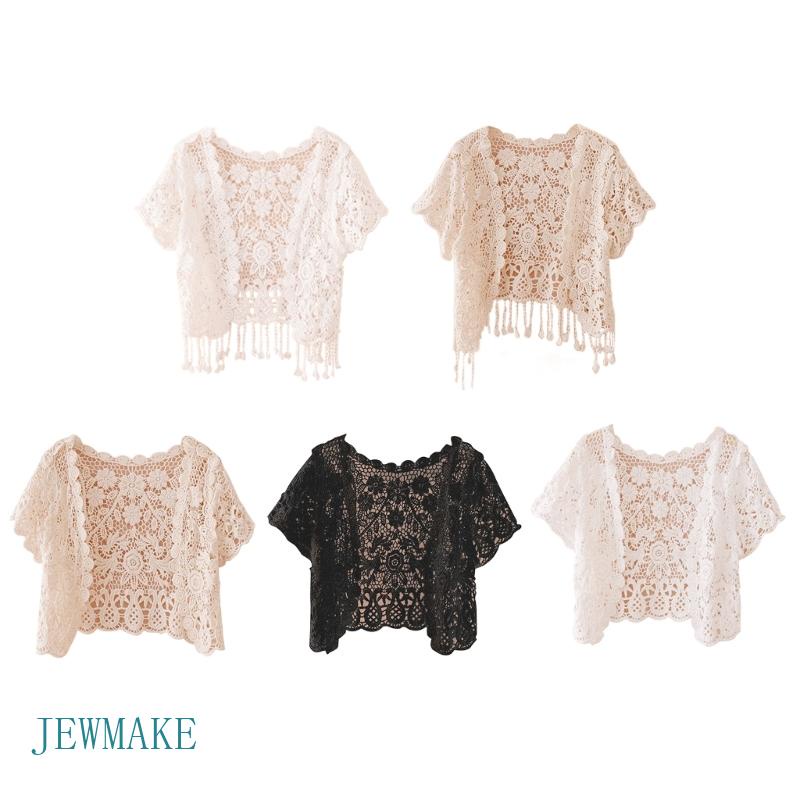 Jew Womens Open Front Tassels Lace Crop Cardigan Sheer Floral
