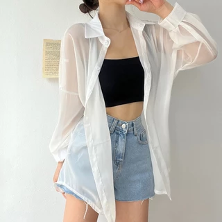 Camisa Chiffon Feminina Manga Longa Ar Condicionado Tops Proteção Solar Cor Sólida Blusa Solta