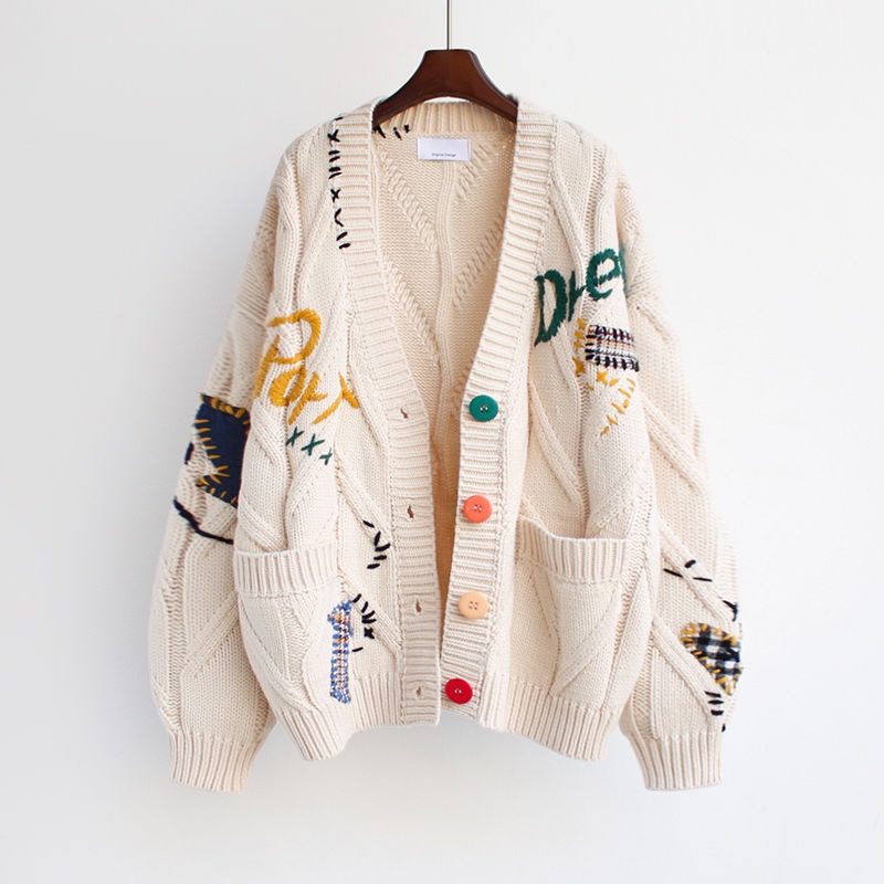 2023 Outono Inverno Mulheres Cardigan Casaco De Malha Quente De Bolso Bordado Moda Cardigans Lady Loose Sweaters
