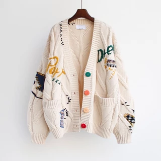 2023 Outono Inverno Mulheres Cardigan Casaco De Malha Quente De Bolso Bordado Moda Cardigans Lady Loose Sweaters