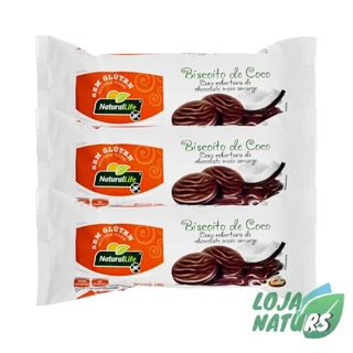 KIT 3 Unidades Biscoito Sabor Coco Coberto com Chocolate Sem Glúten 140g - Natural Life
