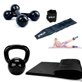 Kit Cross Funcional Em Casa Caneleira 2 Kg + Colchonete + Halter 2 + Kettlebell emborrachado 4 kg
