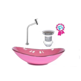 CUBA DE VIDRO OVAL 55CM ROSA VALVULA CLICK TORNEIRA METAL