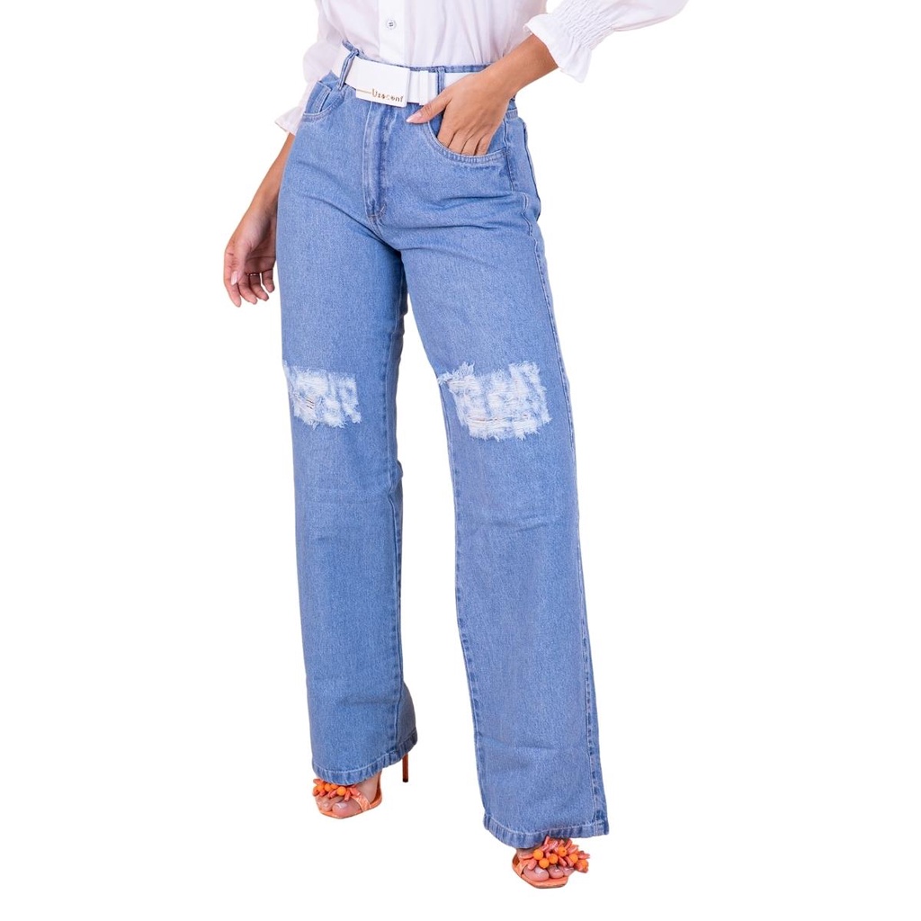 Calça Jeans Plus Size Wide Leg Pantalona Rasgada Barra Feita - Useconf