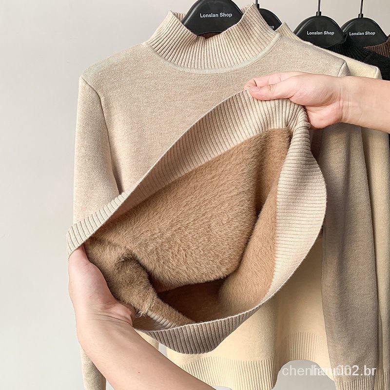 Camiseta de pelúcia de lã grossa de uma peça feminina, inverno 2023, outono e inverno, camisa com fundo de lã de vison