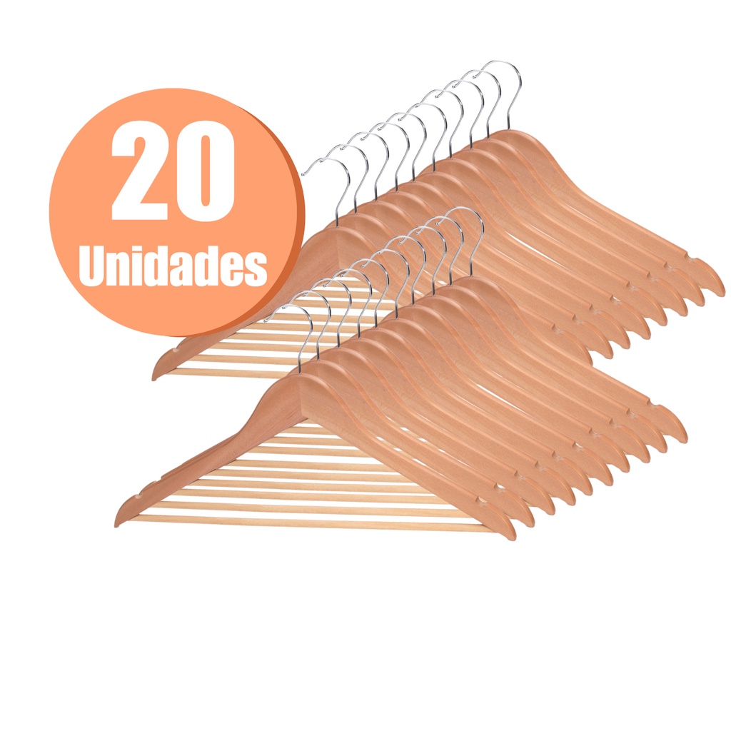Cabide De Madeira Marfim Para Roupas Gancho Giratório Kit 20 Unidades