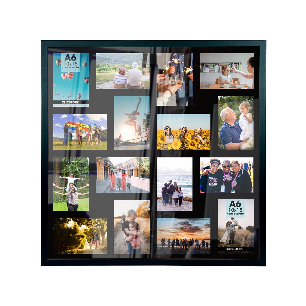 Quadro Multifotos 16 Foto 10x15 Mural Painel Moldura 60x60cm Parede Sala Quarto Fundo Preto Retrato Criativo Pop Acetato
