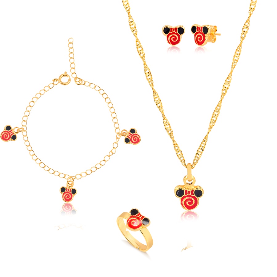 Kit Conjunto Infantil de Colar, Pingente, Brinco, Pulseira e Anel