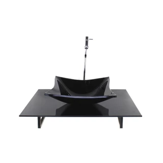 KIT CUBA DE VIDRO QUADRADA COM TAMPO 60CM PRETO FULL E SUPORTE PRETO