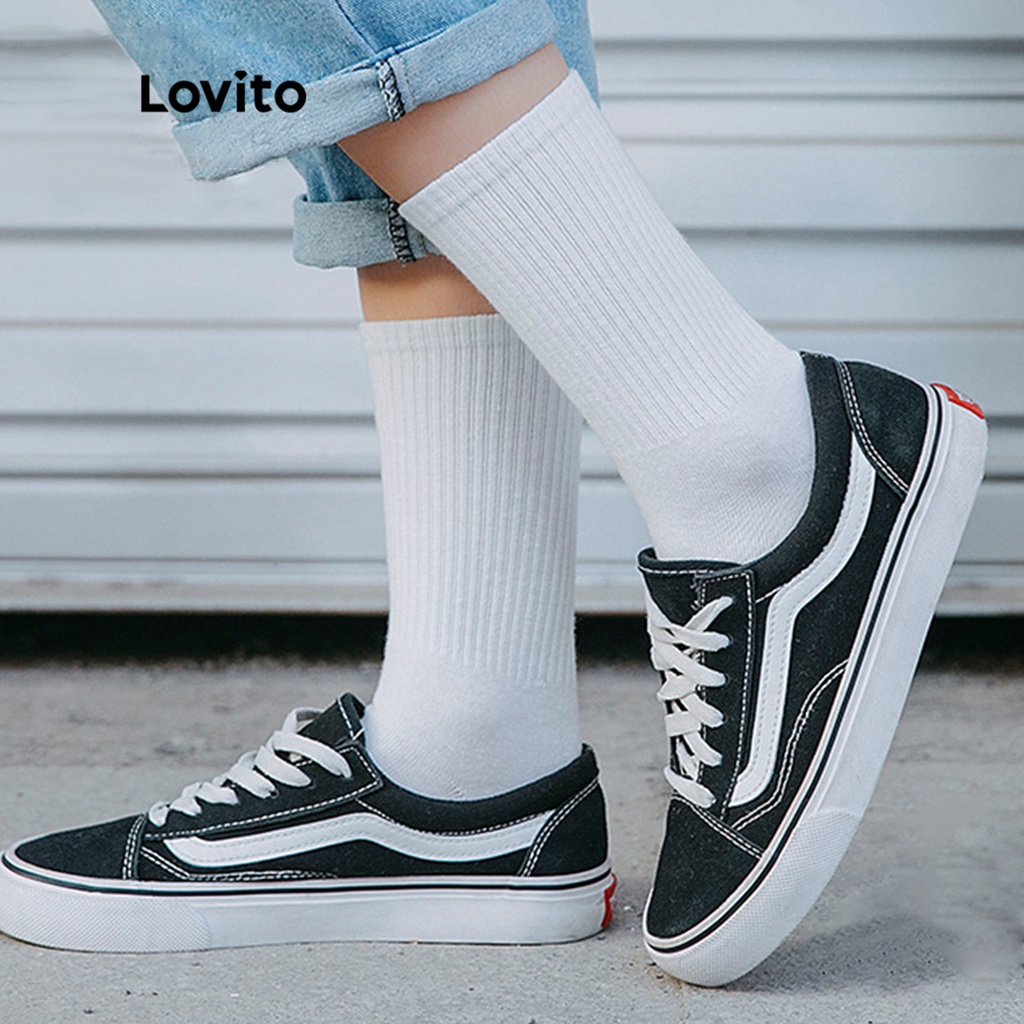 Lovito Meias Casuais Lisas Macias E Respiráveis Para Mulheres Que Absorvem A Umidade L8LD090 (Preto Branco)